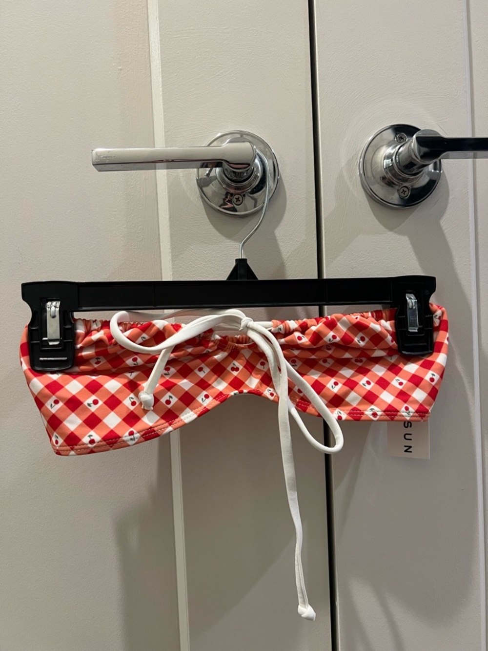 Red Checkered Swim Top with White Tie